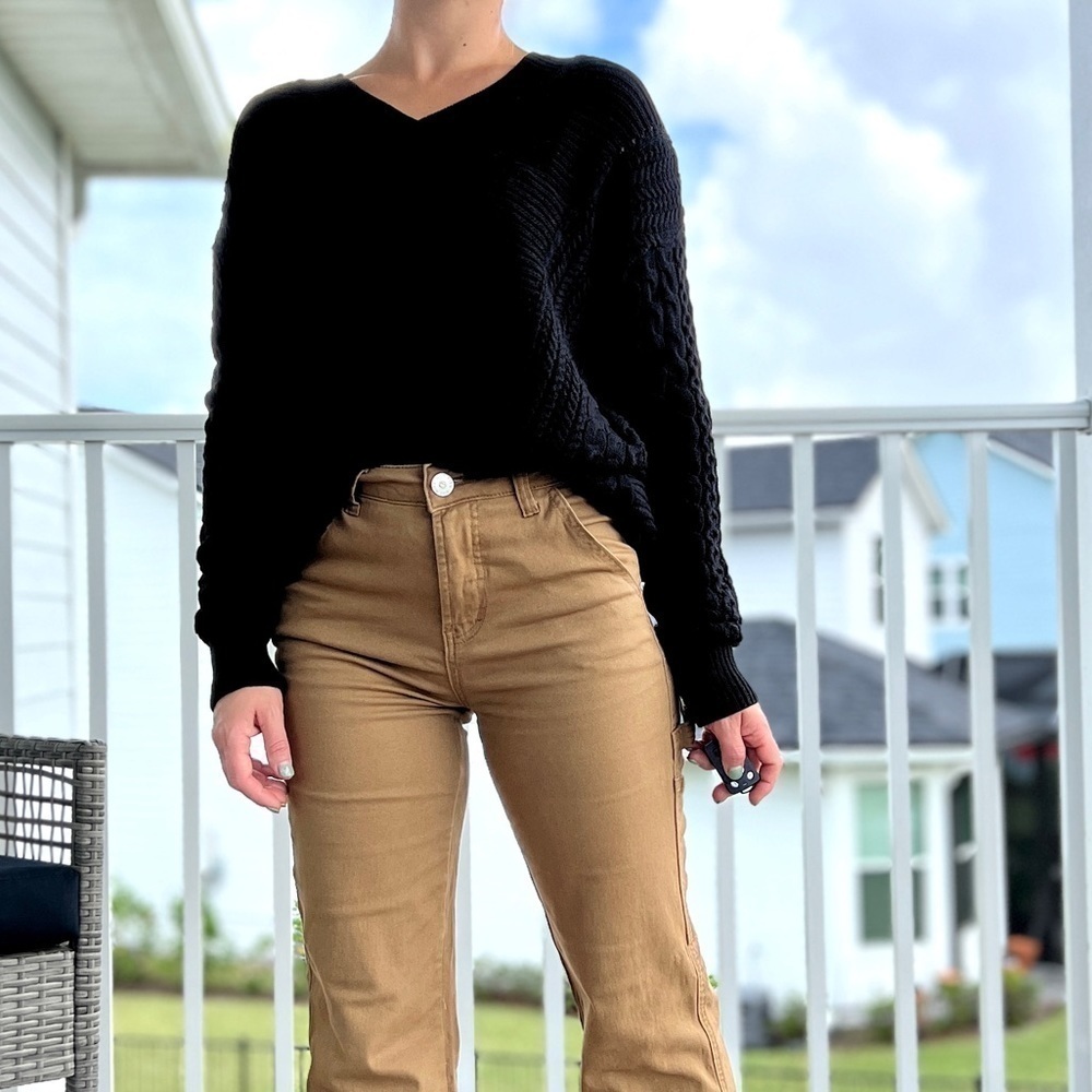 Caslon NWOT Black Mixed Cable-Knit Oversized V-Neck Sweater Size XS Oversized - Picture 11 of 12